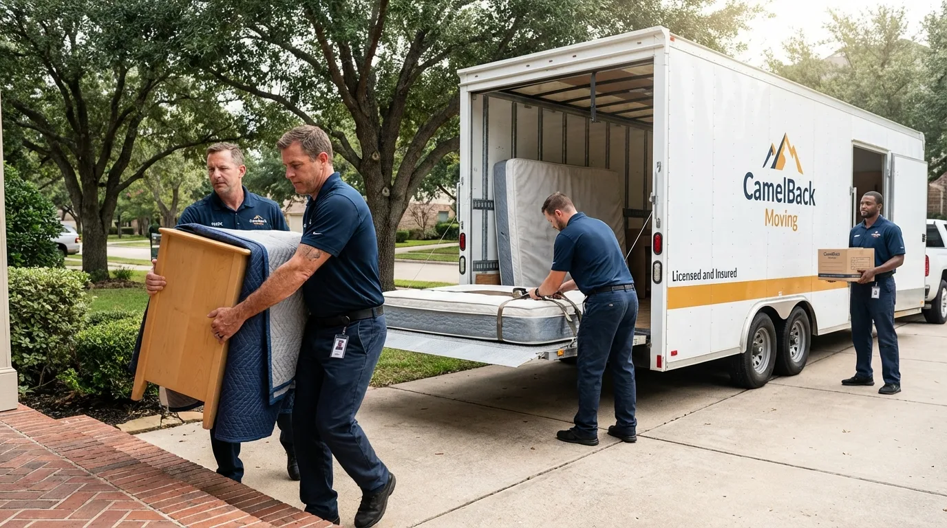 Crew loading residential truck for cross-state move from Irving, TX