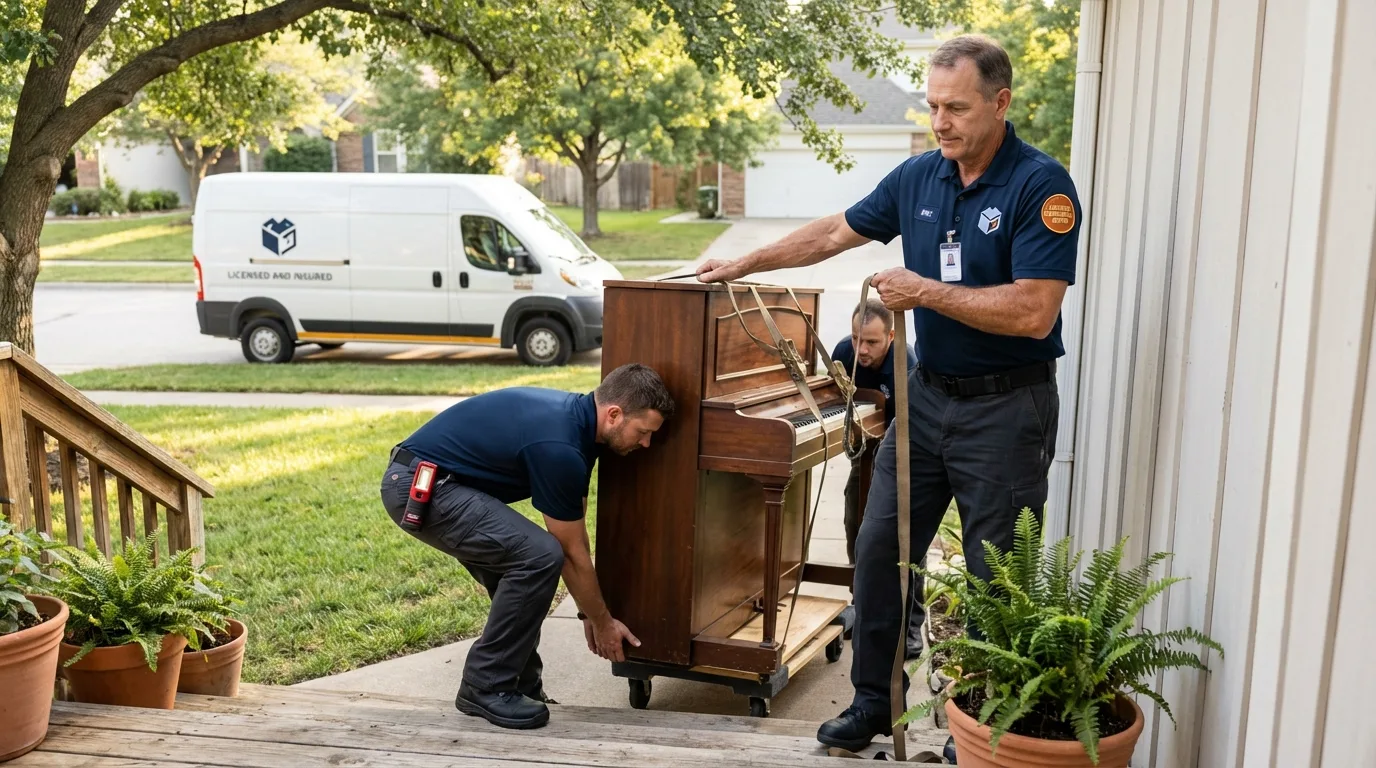Licensed piano movers securing grand piano in Irving, TX